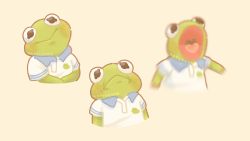 Rule 34 | 1boy, :&lt;, animal print, collared shirt, cropped torso, frog, frog print, heart, highres, kapebeansies, kermit the frog, looking at viewer, motion blur, multiple views, muppets, open mouth, polo shirt, screaming, shirt, upper body, white shirt