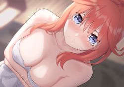 Rule 34 | 1girl, bare shoulders, blue eyes, blush, breasts, cleavage, closed mouth, collarbone, go-toubun no hanayome, hair between eyes, highres, large breasts, long hair, looking at viewer, marinesnow, nakano itsuki, naked towel, nude, red hair, solo, towel