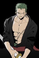 Rule 34 | 1boy, bare pectorals, cowboy shot, fighting stance, frown, green hair, highres, japanese clothes, kimono, long sideburns, looking at viewer, male focus, one piece, open clothes, open kimono, pectorals, ready to draw, roronoa zoro, short hair, sideburns, solo, tokyo bbo