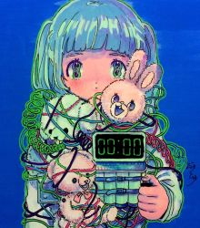 Rule 34 | 1girl, blue background, blue hair, blunt bangs, blush, green eyes, green outline, hand up, highres, long hair, looking at viewer, original, outline, simple background, solo, stuffed animal, stuffed dog, stuffed rabbit, stuffed toy, teddy bear, toyux2, wire