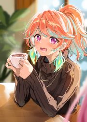 Rule 34 | 1girl, absurdres, akamoku, alternate hairstyle, aqua hair, blush, casual, coffee, commentary, commentary request, cup, earrings, feather earrings, feathers, highres, holding, holding cup, hololive, hololive english, indoors, jewelry, looking at another, multicolored hair, open mouth, orange hair, pink hair, plant, ponytail, purple eyes, revision, smile, sweater, takanashi kiara, turtleneck, turtleneck sweater, twitter username, two-tone hair, upper body, virtual youtuber