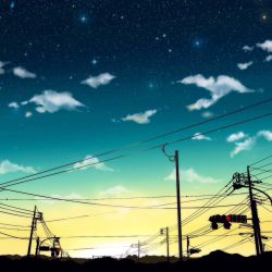 Rule 34 | blue sky, cloud, cloudy sky, evening, highres, night, night sky, no humans, original, scenery, sky, star (sky), starry sky, traffic light, usamochi., usamochi (7290381), utility pole