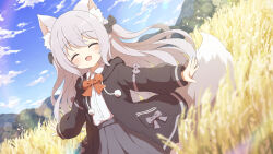 Rule 34 | 1girl, animal ear fluff, animal ears, blue sky, blurry, blush, bow, closed eyes, commission, cowboy shot, day, depth of field, dog ears, dog girl, dog tail, dutch angle, fang, field, grey hair, hair bow, highres, lens flare, long hair, open mouth, original, outdoors, school uniform, shirt, sidelocks, skeb commission, sky, smile, solo, tail, tyomimas, wheat field