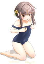Rule 34 | 1girl, black hair, blue one-piece swimsuit, brown eyes, clothes pull, flat chest, hands on own chest, kantai collection, kneeling, off shoulder, one-hour drawing challenge, one-piece swimsuit, one-piece swimsuit pull, ray.s, school swimsuit, short hair, short hair with long locks, simple background, solo, swimsuit, ukuru (kancolle), white background