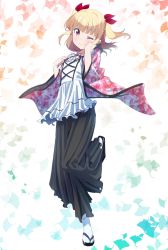 Rule 34 | 1girl, ;d, black hakama, blonde hair, blush, floating hair, hair ribbon, hakama, hakama skirt, highres, iijima yun, japanese clothes, leg up, looking at viewer, new game!, one eye closed, open mouth, red eyes, red ribbon, ribbon, shirt, skirt, smile, solo, standing, standing on one leg, twintails, two side up, white legwear, white shirt