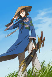 Rule 34 | 1boy, black hair, blue sky, day, flower, grass, hat, holding, holding hat, lotus, male focus, nature, original, outdoors, rice hat, rukira, saber (weapon), short hair, sky, solo, standing, sword, vietnamese dress, weapon