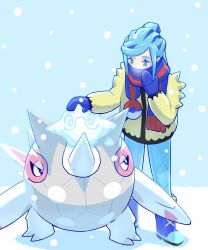 Rule 34 | 1boy, blue footwear, blue hair, blue mittens, blue scarf, boots, cetitan, cetoddle, commentary, creatures (company), ffccll, game freak, grusha (pokemon), hand up, highres, jacket, long sleeves, looking down, male focus, mittens, nintendo, outdoors, pants, pokemon, pokemon (creature), pokemon sv, scarf, scarf over mouth, snow, snow sculpture, snowing, standing, striped clothes, striped scarf, yellow jacket