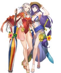 Rule 34 | 2girls, altina (fire emblem), beach umbrella, blue eyes, blue hair, bracelet, breasts, capelet, cleavage, clothing cutout, covered navel, edelgard von hresvelg, fire emblem, fire emblem: radiant dawn, fire emblem: three houses, fire emblem heroes, flower, food, frilled one-piece swimsuit, frills, fruit, gold trim, hair flower, hair ornament, halterneck, hat, hibiscus, highleg, highleg swimsuit, highres, holding, intelligent systems, jewelry, kakage, long hair, low-tied long hair, medium breasts, multiple girls, navel, navel cutout, necklace, nintendo, non-web source, official art, one-piece swimsuit, parted bangs, pool toy, purple eyes, red one-piece swimsuit, sandals, sarong, see-through, shiny skin, sun hat, swimsuit, thighs, toes, transparent background, umbrella, very long hair, watermelon, white hair