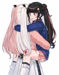 Rule 34 | 2girls, aoki shizumi, arms around neck, black hair, blood, blood on leg, blue shirt, carrying, carrying person, commentary request, d4dj, double bun, hair bun, hair ornament, hairclip, hand on another&#039;s thigh, injury, jacket, kaibara michiru, long hair, multicolored hair, multiple girls, pink hair, pink jacket, pink skirt, pleated skirt, red eyes, scraped knee, shinomiya kokoa, shirt, simple background, skirt, socks, star (symbol), star hair ornament, streaked hair, tearing up, tears, twintails, two-tone hair, white background, white hair, white shirt, white socks