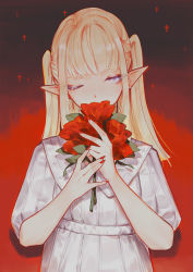 Rule 34 | 1girl, amelia (mahou arms), blonde hair, blue eyes, dress, eyeshadow, flower, hair behind ear, head tilt, highres, holding, holding flower, long hair, looking at viewer, mahou arms, makeup, making-of available, nail polish, one eye closed, pointy ears, red background, red eyeshadow, red flower, red nails, softmode, solo, two side up, white dress