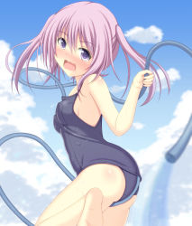Rule 34 | 1girl, bare arms, bare shoulders, between breasts, blurry, blush, breasts, cloud, covered erect nipples, day, depth of field, full-face blush, hair between eyes, highres, hose, leg up, long hair, looking at viewer, minatsuki nao, one-piece swimsuit, open mouth, original, outdoors, purple eyes, purple hair, school swimsuit, short hair, short twintails, sky, small breasts, solo, swimsuit, tears, twintails, water, wavy mouth