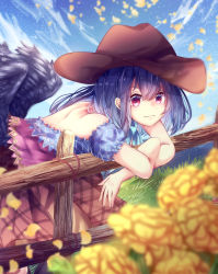Rule 34 | 1girl, absurdres, backless outfit, bad id, bad pixiv id, bandana, bare back, bare shoulders, bent over, black hair, black wings, blue shirt, blue sky, blurry, blurry foreground, brown hat, brown skirt, cloud, commentary request, cowboy hat, day, feathered wings, feet out of frame, fence, flower, grass, hair between eyes, hat, highres, hydrangea, kurokoma saki, long hair, looking at viewer, off-shoulder shirt, off shoulder, outdoors, petals, pink eyes, plaid, plaid skirt, puffy short sleeves, puffy sleeves, shirt, short sleeves, skirt, sky, smile, solo, toku kekakewanko, touhou, wings, wooden fence, yellow flower