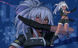 Rule 34 | 1girl, alternate color, black gloves, boots, character name, combat boots, dark-skinned female, dark skin, full body, gloves, green jacket, high ponytail, jacket, leona heidern, looking at viewer, multiple persona, ponytail, red eyes, sakura mafumi, shorts, snk, soldier, the king of fighters, white hair