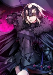 Rule 34 | 1girl, arm up, armor, armored dress, artist name, bad id, bad pixiv id, belt, black cape, black dress, black thighhighs, blonde hair, breasts, cape, chain, cowboy shot, dress, fate/apocrypha, fate/grand order, fate (series), fire, flag, fur trim, gauntlets, hair between eyes, headpiece, highres, holding, jeanne d&#039;arc (fate), jeanne d&#039;arc alter (avenger) (fate), jeanne d&#039;arc alter (avenger) (first ascension) (fate), jeanne d&#039;arc alter (fate), looking at viewer, parted lips, ruler (fate/grand order), short hair, signature, smile, smirk, solo, sword, thighhighs, twitter username, weapon, yellow eyes, yusuki (fukumen)