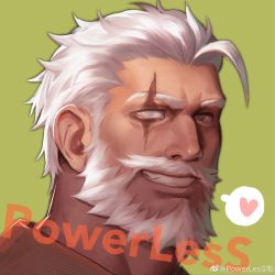 Rule 34 | 1boy, absurdres, profile picture, bara, beard, blind, facial hair, heart, highres, looking at viewer, male focus, mature male, muscular, muscular male, mustache, old, old man, overwatch, overwatch 1, powerlesssong, reinhardt (overwatch), scar, scar across eye, scar on face, short hair, smile, solo, spoken heart, white hair