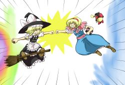 Rule 34 | 2girls, alice margatroid, blonde hair, book, broom, broom riding, cookie (artist), doll, female focus, fist bump, grimoire, hat, kirisame marisa, multiple girls, ribbon, touhou, witch, witch hat