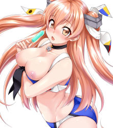 Rule 34 | 1girl, alternate costume, ass, bikini, bikini pull, blush, breasts, brown eyes, cleavage, clothes pull, collarbone, commentary request, floating hair, food, hair ornament, holding, holding food, johnston (kancolle), kantai collection, light brown hair, long hair, looking at viewer, medium breasts, mikagami sou, nipples, open mouth, popsicle, simple background, solo, swimsuit, two side up, white background