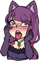 Rule 34 | 1girl, ahegao, animal ears, animal hands, blunt bangs, blush, breasts, cleavage, commentary, english commentary, fingernails, fur trim, hands up, heart, heart-shaped pupils, jewelry, large breasts, low twintails, luna of water, manticore (monster girl encyclopedia), monster girl, monster girl encyclopedia, necklace, nose blush, original, purple hair, reri (elh), solo, symbol-shaped pupils, tongue, tongue out, transparent background, twintails, upper body