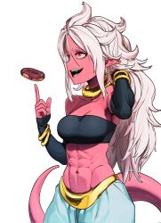 Rule 34 | abs, android 21, arabian clothes, black nails, bracelet, breasts, colored skin, doughnut, dragon ball, dragon ball fighterz, dragonball z, fangs, food, highres, jewelry, majin android 21, medium breasts, muscular, muscular female, nail polish, navel, open mouth, pink skin, pointy ears, red eyes, smile, spiked hair, tail, white hair, zequung, zquung