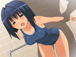 Rule 34 | 1girl, arm grab, arm held back, bent over, blue eyes, blue hair, blush, clothed sex, doggystyle, from behind, nora higuma, one-piece swimsuit, open mouth, school swimsuit, sex, sex from behind, short hair, solo focus, standing, swimsuit, vaginal