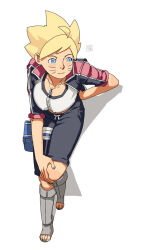 Rule 34 | 1girl, 2021, ac120, bent over, black jacket, black pants, blonde hair, blue eyes, blush, boruto: naruto next generations, breasts, closed mouth, collarbone, collared jacket, covered erect nipples, dated, facial mark, full body, genderswap, genderswap (mtf), grey footwear, hand on own hip, highres, holster, jacket, jewelry, large breasts, leaning forward, looking at viewer, looking to the side, midriff, naruto (series), navel, necklace, open clothes, open jacket, pants, sandals, shirt, short hair, simple background, standing, sweat, thigh holster, thigh strap, toes, uzumaki boruto, whisker markings, white background, white shirt