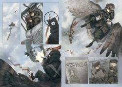 Rule 34 | 2boys, 3girls, aerial battle, aircraft, airplane, asterisk kome, banner, battle, biplane, comic, flying, goggles, goggles on eyes, goggles on head, hat, low wings, military, military hat, military uniform, multiple boys, multiple girls, newspaper, original, trench, uniform, winged fusiliers, wings