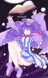 Rule 34 | 1girl, absurdres, arms up, artist name, bare legs, blue bow, blue dress, blush, book, boots, bow, breasts, capelet, character name, commentary request, crescent, crescent hair ornament, dress, frilled capelet, frilled sleeves, frills, hair bow, hair ornament, hanejionsen, hat, highres, long hair, long sleeves, medium breasts, mob cap, neck ribbon, open mouth, patchouli knowledge, purple background, purple capelet, purple eyes, purple footwear, purple hair, purple hat, red bow, red ribbon, ribbon, short dress, signature, solo, striped clothes, striped dress, thighs, touhou, translated, vertical-striped clothes, vertical-striped dress, wide sleeves