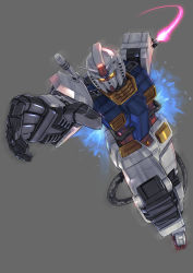 Rule 34 | beam saber, charging forward, glowing, glowing eyes, grey background, gundam, gundam thunderbolt, highres, holding, holding sword, holding weapon, looking ahead, mecha, no humans, open hand, perfect gundam (thunderbolt), robot, science fiction, solo, sword, v-fin, weapon, yellow eyes, zombie mogura