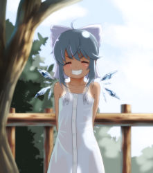 Rule 34 | 1girl, alternate costume, arms behind back, bare shoulders, blue hair, cirno, clenched teeth, dress, closed eyes, fence, grin, highres, ice, ice wings, ikaringu, md5 mismatch, see-through, see-through silhouette, short hair, smile, solo, strap, sweat, tan, tanline, teeth, touhou, tree, white dress, wings, wooden fence
