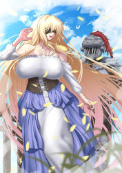 Rule 34 | 1boy, 1girl, alternate costume, armor, bare shoulders, blindfold, blonde hair, blue sky, breasts, breasts apart, casual, cloud, commentary request, corset, day, dress, frilled dress, frills, fur trim, goblin slayer, goblin slayer!, happy, hatsusora sakuta, helmet, highres, large breasts, long hair, long sleeves, no bra, off shoulder, open mouth, petals, sky, smile, strapless, strapless dress, sword maiden, very long hair, white dress