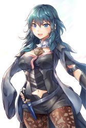Rule 34 | 1girl, absurdres, armor, armored dress, belt, black pantyhose, blue eyes, blue hair, boots, breasts, brown pantyhose, byleth (female) (fire emblem), byleth (fire emblem), dagger, detached collar, fire emblem, fire emblem: three houses, hair between eyes, hand on own hip, high heel boots, high heels, highres, jacket, jacket on shoulders, knife, lace, lace-trimmed legwear, lace trim, large breasts, long hair, looking at viewer, midriff, navel, nintendo, open mouth, pantyhose, pantyhose under shorts, samoore, short shorts, shorts, simple background, smile, solo, thighs, vambraces, weapon, white background