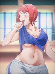 Rule 34 | 163 (shiromeshi), 1girl, blurry, blurry background, blush, breasts, cleavage, clothes lift, indoors, kano misora, large breasts, lifted by self, midriff, navel, no bra, open clothes, red hair, short hair, shorts, shoujo kageki revue starlight, shoujo kageki revue starlight -re live-, smile, solo, sparkle, standing, sweat, tank top, underboob, window, yellow eyes