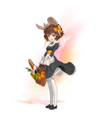 Rule 34 | 1girl, absurdres, animal ears, apron, bad kim, bag, baguette, black dress, blonde hair, blush, bow, bread, broccoli, brown eyes, brown hair, dress, eggplant, eyebrows, food, fruit, full body, grocery bag, hair bow, highres, loafers, looking at viewer, maid, maid headdress, multicolored hair, orange (fruit), original, pantyhose, rabbit ears, shoes, shopping bag, smile, solo, sparkle, spring onion, streaked hair, two-tone hair, vegetable, waist apron, wavy hair, white pantyhose
