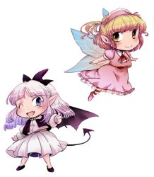 Rule 34 | 2girls, blonde hair, bow, demon girl, demon tail, demon wings, extra, fairy wings, fang, hair bow, mad-tuna, multiple girls, muutzi, one eye closed, pink hair, pointy ears, purple eyes, side ponytail, tail, thumbs up, touhou, touhou (pc-98), wings, yellow eyes