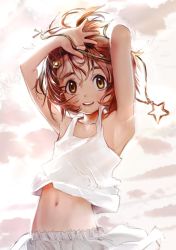 Rule 34 | 1girl, absurdres, armpits, arms up, backlighting, blush, cloud, collarbone, commentary request, hair ornament, hairclip, highres, idolmaster, idolmaster cinderella girls, jewelry, unworn jewelry, looking at viewer, midriff, navel, necklace, unworn necklace, open mouth, orange hair, outdoors, ryuzaki kaoru, short hair, skirt, smile, solo, star (symbol), star necklace, sunlight, tank top, teeth, thick eyebrows, tsurumai kada, upper body, wind, yellow eyes