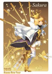 Rule 34 | 1girl, 2015, alternate hair color, ankle boots, baiguiyu, blonde hair, boots, cape, cardcaptor sakura, character name, closed mouth, english text, from side, full body, fur trim, gloves, happy new year, high heel boots, high heels, kero (cardcaptor sakura), kinomoto sakura, looking at viewer, new year, short hair, skirt, smile, solo, standing, standing on one leg, sword, weapon, white cape, white skirt, yellow eyes, yellow footwear, yellow gloves