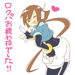 Rule 34 | 1girl, aile (mega man zx), bent over, black legwear, blush, bodystocking, bodysuit, bracelet, brown hair, capcom, fang, fingerless gloves, gloves, green eyes, hair between eyes, hand on own hip, heart, jacket, japanese text, jewelry, layered sleeves, long hair, long sleeves, looking at viewer, looking back, mega man (series), mega man zx, mega man zx advent, one eye closed, open mouth, pantyhose, pantyhose under shorts, ponytail, puffy short sleeves, puffy sleeves, sakuraba (cerisier x), short over long sleeves, short sleeves, shorts, simple background, smile, solo, solo focus, spandex, text focus, white background, wink