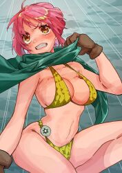 Rule 34 | 1girl, areola slip, armor, artist request, bikini armor, braid, breasts, brown gloves, cleavage, clenched teeth, curvy, gladiator, gloves, highres, jewelry, large breasts, long hair, looking to the side, medium breasts, navel, necklace, one piece, pink hair, ponytail, rebecca (one piece), revealing clothes, single braid, solo, sweat, taut clothes, teeth, wide hips