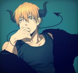 Rule 34 | 1boy, bare shoulders, blonde hair, collarbone, commentary request, demon horns, demon tail, earrings, facial mark, fake horns, fake tail, green background, green shirt, hair between eyes, heart, horns, jewelry, kise ryouta, kuroko no basuke, looking to the side, male focus, mashima shima, open mouth, shirt, short hair, simple background, sleeveless, sleeveless shirt, solo, tail, teeth, twitter username, upper body, upper teeth only, yellow eyes