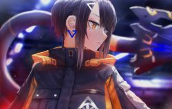 Rule 34 | 1girl, bad id, bad pixiv id, black hair, blunt bangs, blurry, blurry background, close-up, closed mouth, cyberpunk, cyborg, earrings, eyepatch, highres, jacket, jewelry, looking to the side, mechanical tail, mihato senba, orange eyes, original, science fiction, short hair, solo, sumi elias, swept bangs, tail