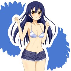 Rule 34 | 10s, 1girl, bare arms, bare shoulders, bikini, blue hair, blush, breasts, brown eyes, inou eita, long hair, looking at viewer, love live!, love live! school idol project, medium breasts, navel, open fly, parted lips, shorts, solo, sonoda umi, standing, striped bikini, striped clothes, swimsuit, unbuttoned