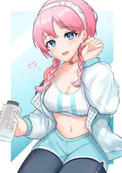 Rule 34 | 1girl, :d, absurdres, arknights, bare shoulders, black pants, blue eyes, blue poison (arknights), blue poison (shoal beat) (arknights), blue shorts, blush, braid, breasts, choker, cleavage, commentary request, earrings, hairband, hand up, highres, holding, jacket, jewelry, k@bu, leggings, leggings under shorts, long hair, looking at viewer, medium breasts, midriff, navel, off shoulder, official alternate costume, open clothes, open jacket, open mouth, pants, pantyhose, pink choker, pink hair, short shorts, shorts, sitting, smile, solo, sports bra, stomach, twin braids, white jacket