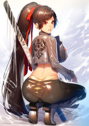 Rule 34 | 1girl, ass, breasts, brown eyes, brown hair, jacket, katana, large breasts, long hair, looking back, ogino (oginogino), original, ponytail, smile, solo, squatting, sword, very long hair, weapon, whale tail (clothing)