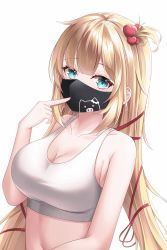 Rule 34 | 1girl, absurdres, akai haato, blonde hair, blue eyes, breasts, cleavage, hair ribbon, highres, hololive, large breasts, long hair, looking at viewer, mask, mouth mask, one side up, red ribbon, ribbon, shira jun, simple background, solo, sports bra, upper body, virtual youtuber, white background, white sports bra