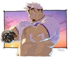 Rule 34 | 1boy, akiha gongen (housamo), bandaid, bandaid on face, bandaid on nose, bara, blush, clothes lift, cropped torso, dark-skinned male, dark skin, dog tags, face, facial hair, facial scar, gloves, goatee, holding, horns, large pectorals, looking at viewer, male focus, mature male, midriff peek, multicolored hair, muscular, muscular male, navel, pectorals, scar, scar across eye, scar on arm, scar on cheek, scar on face, shirt, shirt lift, short hair, sideburns, single horn, smile, solo, stomach, sweat, tama (g-men), thick eyebrows, tight clothes, tight shirt, tokyo houkago summoners, two-tone hair, undressing, white hair, white shirt