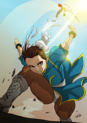 Rule 34 | 1boy, 1girl, angry, armlet, armpits, arms up, battle, bent over, blurry, boots, bracelet, braid, breasts, brown eyes, brown hair, brown socks, bun cover, capcom, china dress, chinese clothes, chun-li, claw (weapon), claws, cross-laced footwear, crotch, dirt, double bun, dress, dust, emilio pilliu, eyeshadow, fighting stance, foreshortening, frills, hair bun, highres, jewelry, knee boots, kneehighs, large breasts, legs, light rays, loafers, long hair, looking at viewer, makeup, motion blur, orange eyes, outdoors, outstretched arm, pants, pantyhose, pelvic curtain, sash, shoes, short hair, signature, single braid, sky, socks, spiked bracelet, spikes, spread legs, squatting, street fighter, street fighter ii (movie), sun, sunbeam, sunlight, thighs, topless male, upskirt, vega (street fighter), weapon, white socks, wind