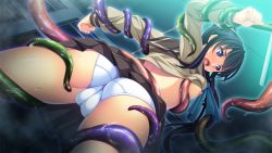 Rule 34 | 1girl, aotonbo, arm grab, ass, blue eyes, blue hair, breasts, cameltoe, clothes lift, from behind, game cg, legs, long hair, looking away, nipples, ohanabatakerun, open mouth, panties, ponytail, rape, school uniform, shirt lift, skirt, skirt lift, small breasts, standing, sweat, tentacles, thighs, underwear, white panties, xx of the dead
