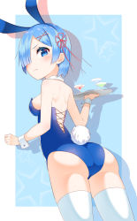 Rule 34 | &gt;:&lt;, 10s, 1girl, :&lt;, alternate costume, animal ears, ass, bare arms, bare shoulders, blue background, blue eyes, blue hair, blue hairband, blue leotard, blush, breasts, cherry, closed mouth, cocktail, cocktail glass, cowboy shot, cup, detached collar, drinking glass, fake animal ears, fake tail, food, from behind, from below, fruit, hair ornament, hair over one eye, hair ribbon, hairband, hairclip, highres, holding, holding tray, leotard, looking at viewer, looking back, looking down, medium breasts, pink ribbon, playboy bunny, rabbit ears, rabbit tail, re:zero kara hajimeru isekai seikatsu, rem (re:zero), revision, ribbon, shiny skin, short hair, shoulder blades, sideboob, simple background, solo, standing, star (symbol), strapless, strapless leotard, tail, thighhighs, tray, v-shaped eyebrows, white thighhighs, wrist cuffs, x hair ornament, yasuto (eria151)