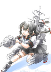 Rule 34 | 1girl, adapted turret, black eyes, black hair, black sailor collar, black skirt, blue neckerchief, braid, cannon, hair between eyes, isonami (kancolle), kantai collection, low twintails, machinery, neckerchief, one-hour drawing challenge, pleated skirt, ray.s, sailor collar, sidelocks, simple background, skirt, smokestack, solo, turret, twin braids, twintails, white background