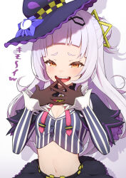 Rule 34 | 1girl, absurdres, black skirt, blush, breasts, brown gloves, chain, chain hairband, cleavage, cropped shirt, gloves, grey hair, hair bun, hair ornament, hat, head chain, highres, hololive, jewelry, long hair, looking at viewer, lunch boxer, murasaki shion, murasaki shion (1st costume), navel, open mouth, orange eyes, purple hat, shirt, short eyebrows, sidelocks, single hair bun, skirt, small breasts, smile, solo, star (symbol), star hair ornament, striped clothes, striped shirt, teeth, upper teeth only, vertical-striped clothes, vertical-striped shirt, virtual youtuber, witch hat